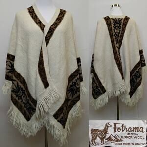 Fotrama Shawl One Size Brown Fringe 100% Alpaca Wool Handmade #J5377